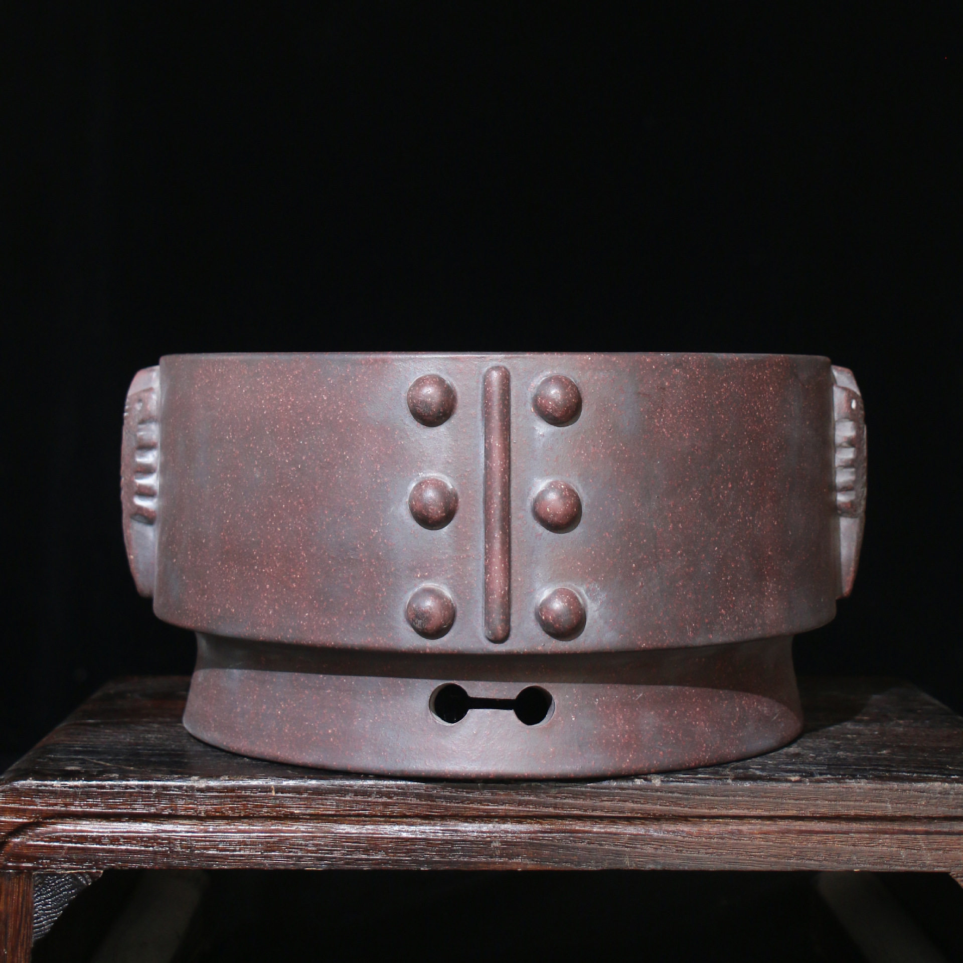 紫砂花盆无孔水盆水生植物盆仿古青铜器手工盆景盆兽面鼓丁杜喜亮