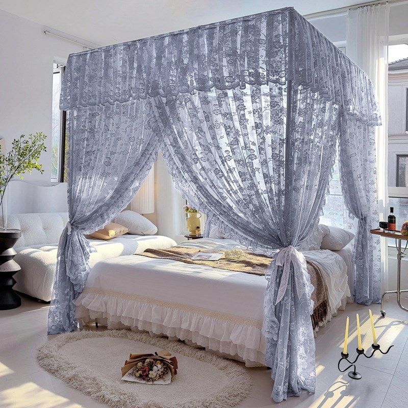 高档提花蕾丝蚊帐三开门落地床帘蚊帐家用民宿加密床幔1.8双人床