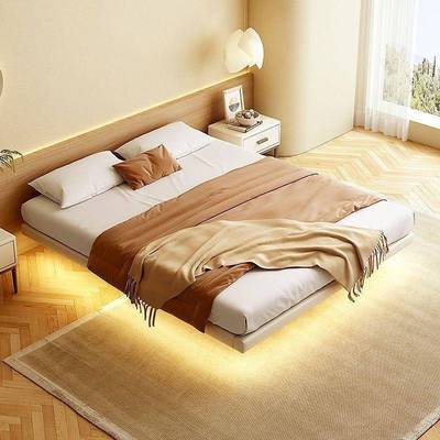 无头悬浮床现代简约卧无靠背实主12445YDp木极简床排骨床架双人床