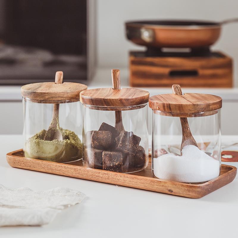 相厨1ghx+773位思木盖玻璃调味罐耐高温房调料盒木底座防滑三工带