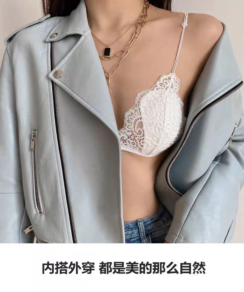 法式三角杯小胸无钢圈内兔耳杯超薄夏季蕾丝纯欲细带美背前扣文胸