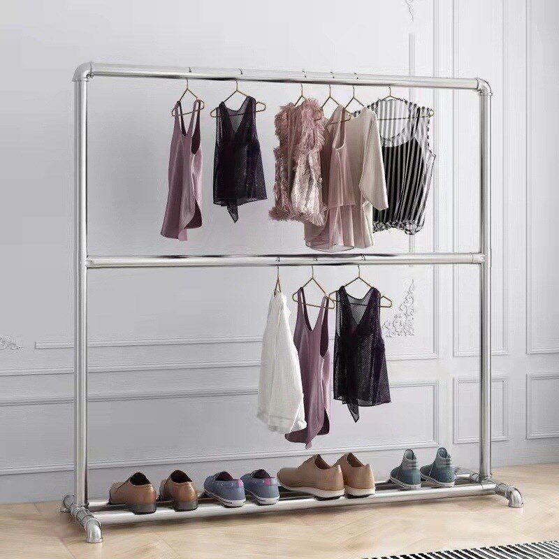 加厚水管镀锌管晾衣架落地立式双层室内挂衣阳台凉衣杆单杆晒衣架