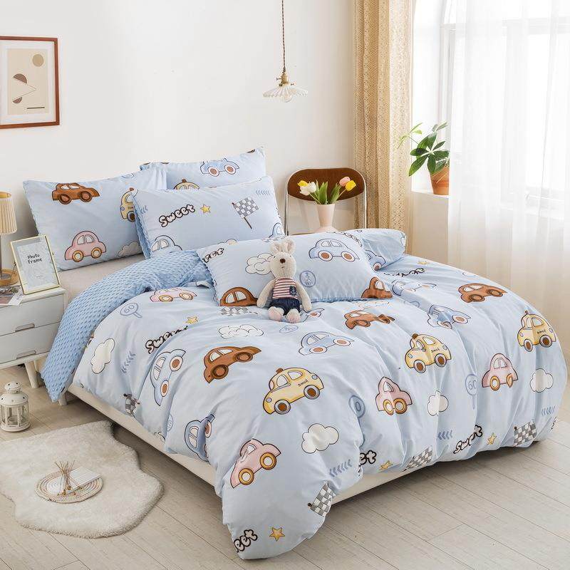 棉被罩卡通宿舍儿全童棉斜纹被三件套豆豆绒被褥套幼儿园CQC四件