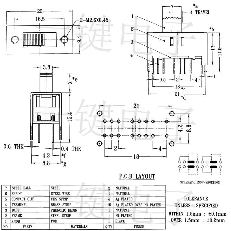 一键-SS4脚2HJBQ8拨动开关22*9.4MM电0源开关滑动开关2排162档