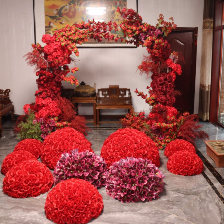 婚礼拱门花排手捧花红色玫瑰圆形