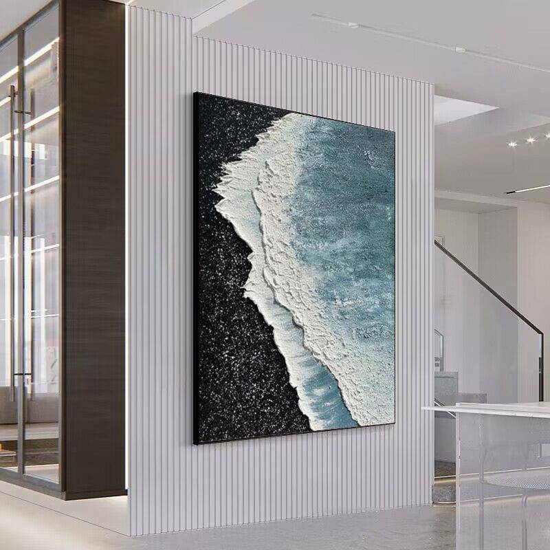 手绘象油画蓝色海景抽厅象JAH客装饰画石英砂立体肌抽玄关入户理