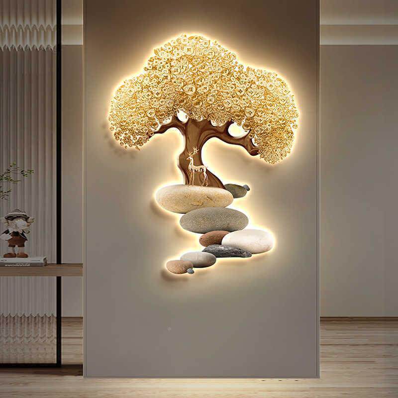 发财树入户玄装饰画对/门道走过廊吉祥鹿led壁灯画发简约光挂关画