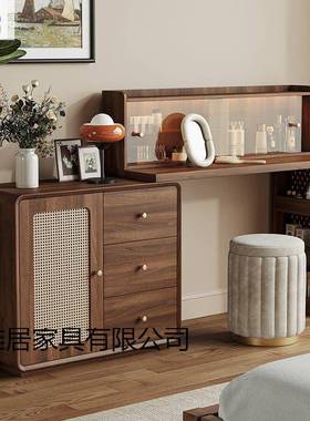 古风藤编中木妆框梳妆台斗柜一体主实卧65521室可伸缩转角储物化