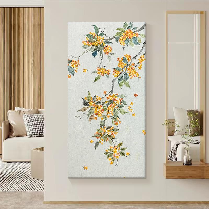 现代简约新中式手油画黄OMX色花客桂厅竖绘版立玄关体石英砂肌理