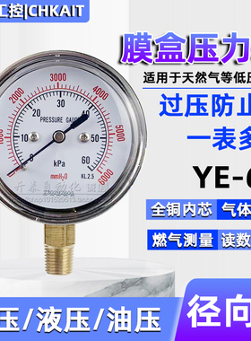 膜盒压力表YE-60过压防止型75微压表0-40kpa多高压水压液压千帕表