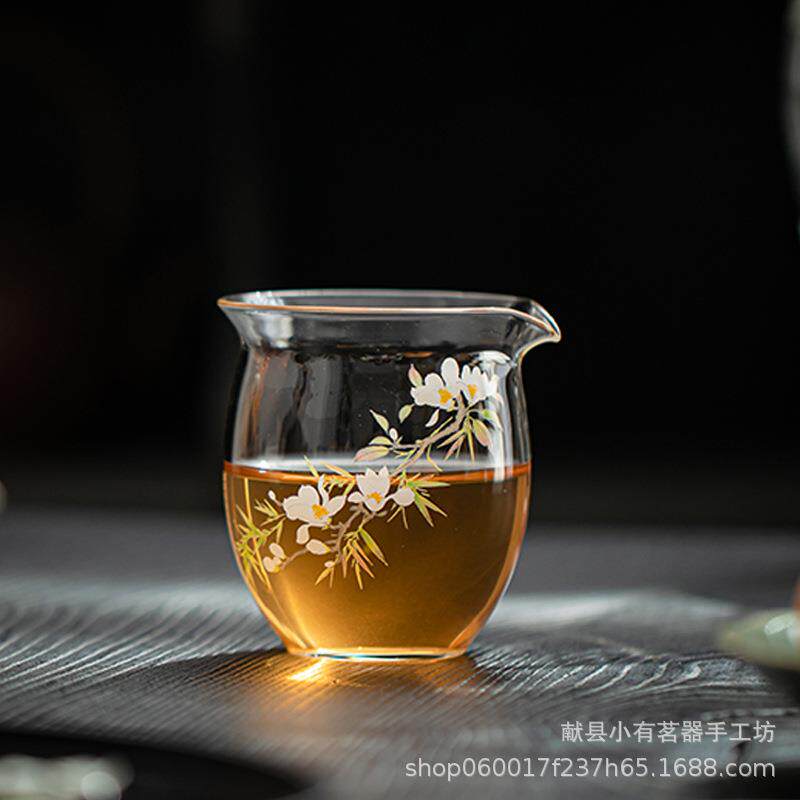 高硼硅透明茶海春归玻璃公杯手工贴花耐热匀杯家用创意高透分茶器