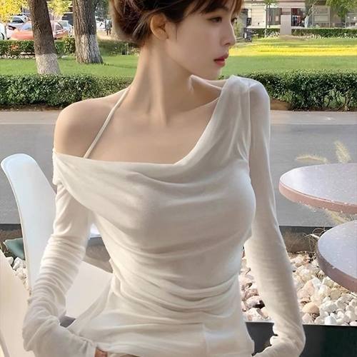 早安樊樊 纯欲氛围感斜肩荡领系带长袖T恤女设计感慵懒挂脖上衣