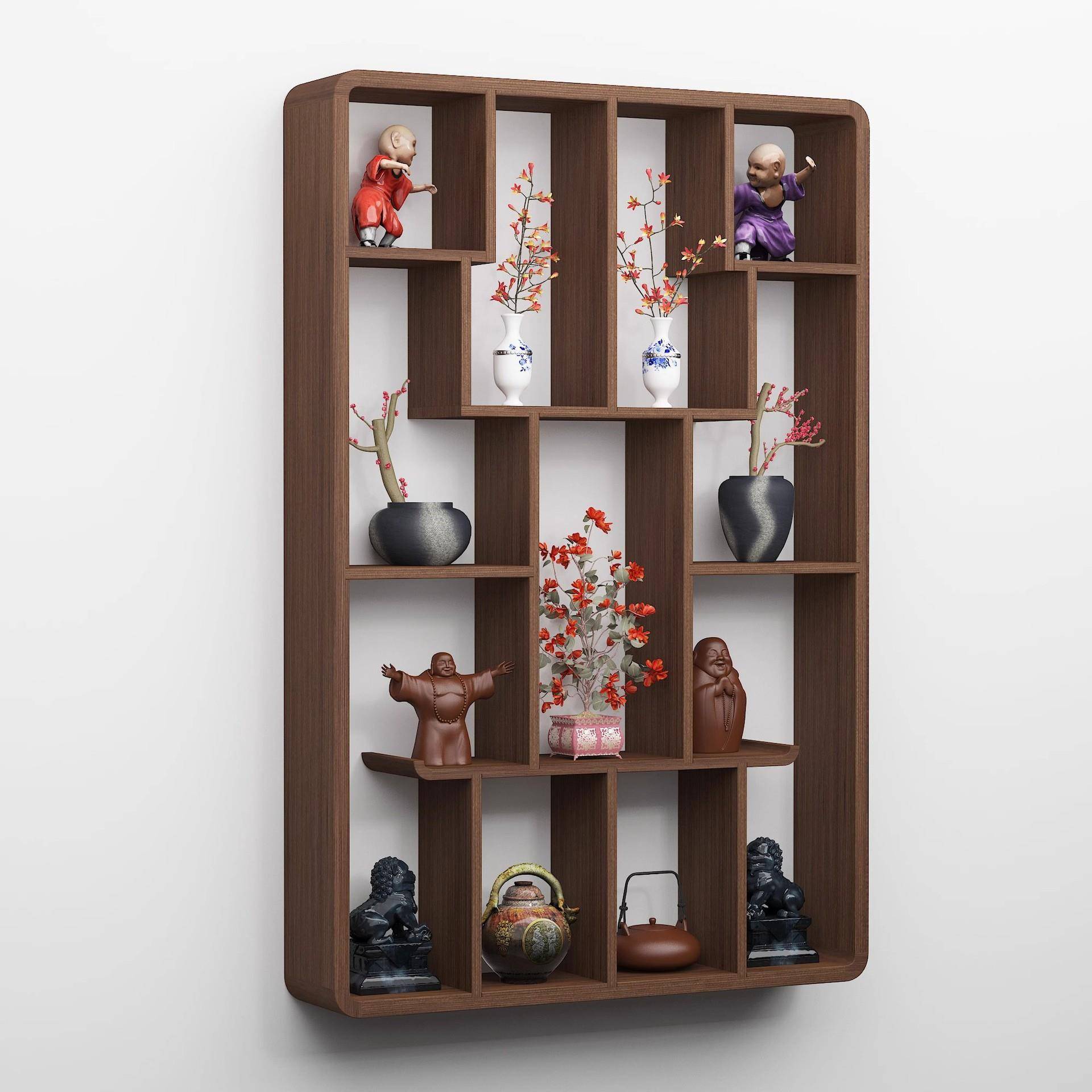 壁挂阁PQS新置挂博古架摆墙壁挂架式实木多隔件断物中式客厅架现