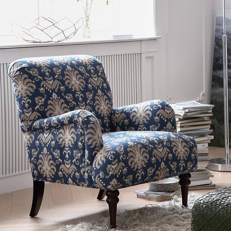 美式古艺老虎椅田园58678685风格布蓝色碎花单人沙实发客复厅卧室