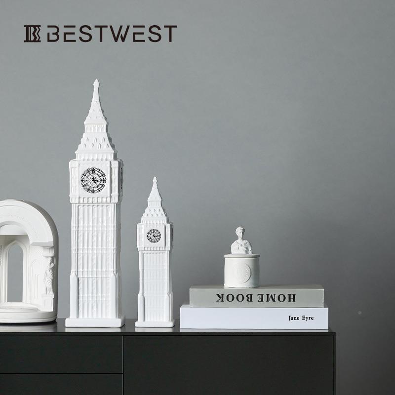 Bestwest欧式白色JYK21020大笨钟陶瓷工艺品摆件家居室办公桌面饰