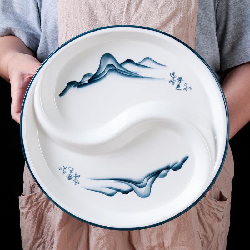 盘陶瓷太极形盘青花拼盘圆鸳鸯盘盘分餐盘家用UWJ大号水果分格圆