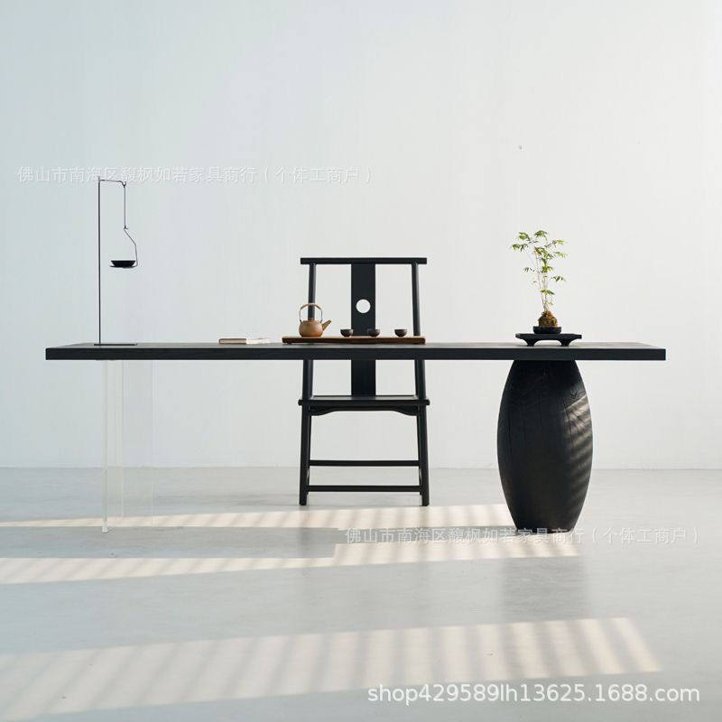 极简压纹松木哑光黑茶桌客厅个性家用茶台现代大板茶桌艺术办公桌