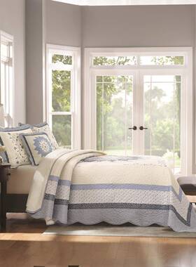 KQ1美式纯棉B绗缝床盖榻米加大榻加宽蓝色块大丽花绣EDD花拼四季