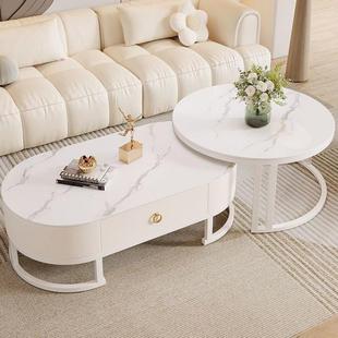 i玻璃茶几客厅r家用式 高档可移MKA法动白色极 奶油风椭圆形5202款