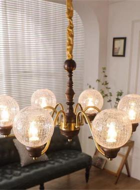 美式复古厅灯中古法式客厅主灯实木玻FEU璃胡桃木色卧客室厅餐吊