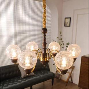 美式 客厅主灯实木玻FEU璃胡桃木色卧客室厅餐吊 复古厅灯中古法式