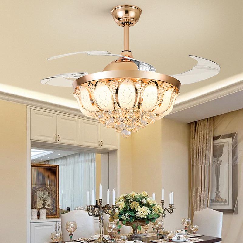 全光谱风灯吊扇灯创室意莲花水晶电扇柔TKE灯家用餐厅扇卧风吊扇