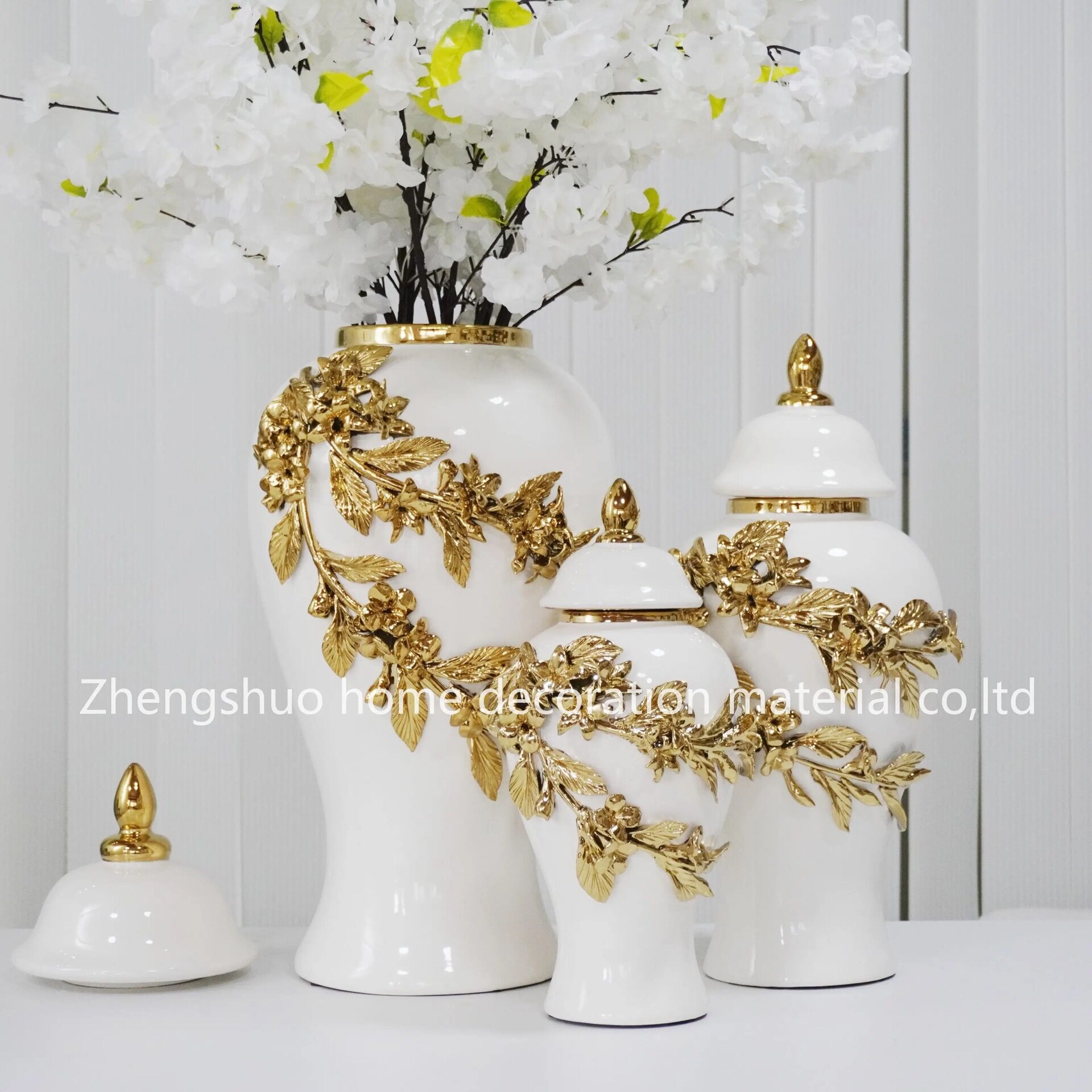 欧式轻奢手工贴花电镀金色将军瓶客厅酒店玄关插花摆件工艺装饰品