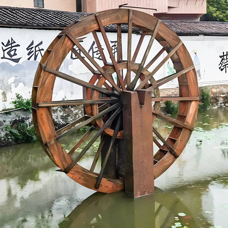 防腐木景观水车电动水力旋转户外景区湖泊碳化木脚踏实木装饰筒车