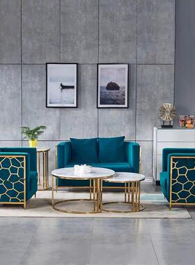 蓝色6624s制沙发组合成人家用双办三公绒布奢轻不锈钢镂空沙发单