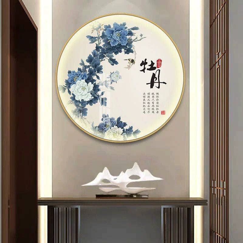 花开富贵入户玄关装饰画新中式牡丹客厅圆形中国风茶室餐厅饭壁画图片