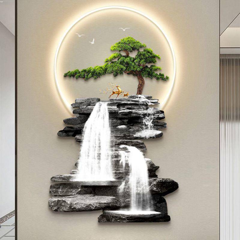 流水生财入户玄关装饰画迎客松楼梯间壁灯光画新中式走廊过道挂画图片