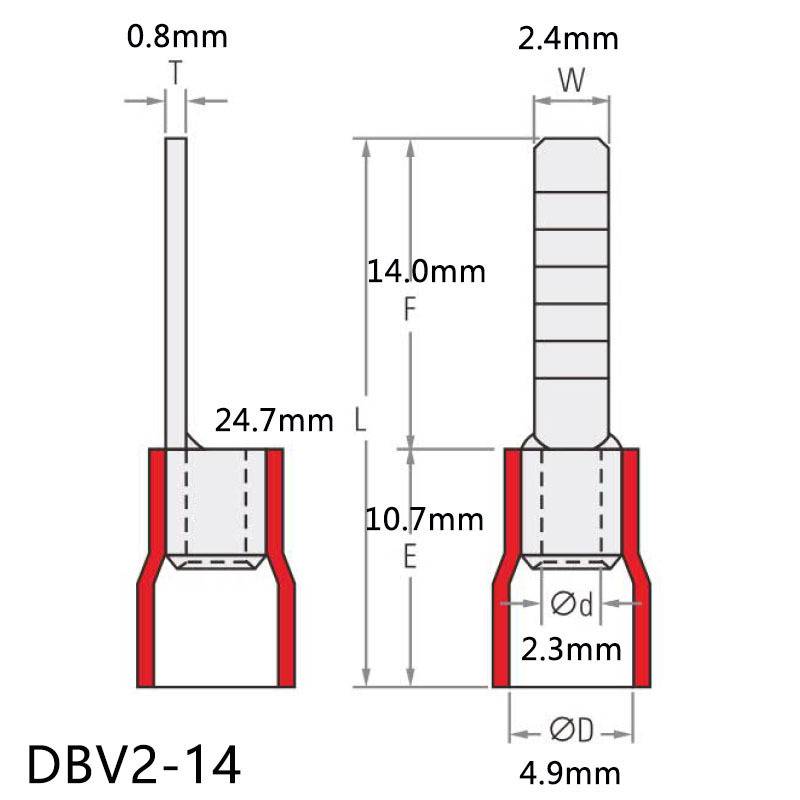 DBV2-14片形端子接线插片 14mm针型绝缘端头紫铜冷压端子压线铜片