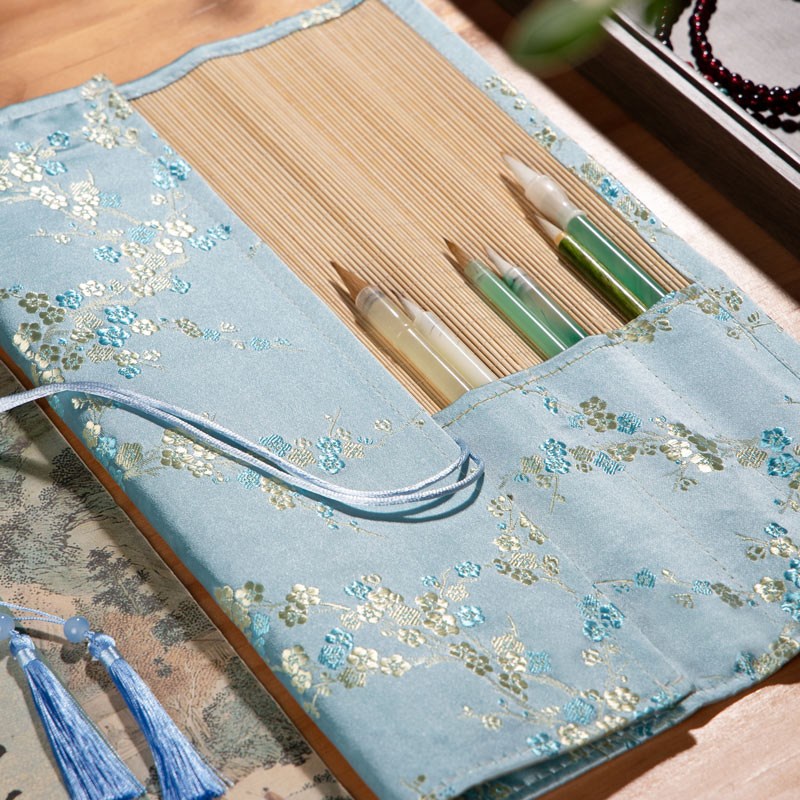兰斋毛笔笔帘卷笔袋竹竿编制笔帘毛笔卷帘古风带兜卷笔毛笔书画用