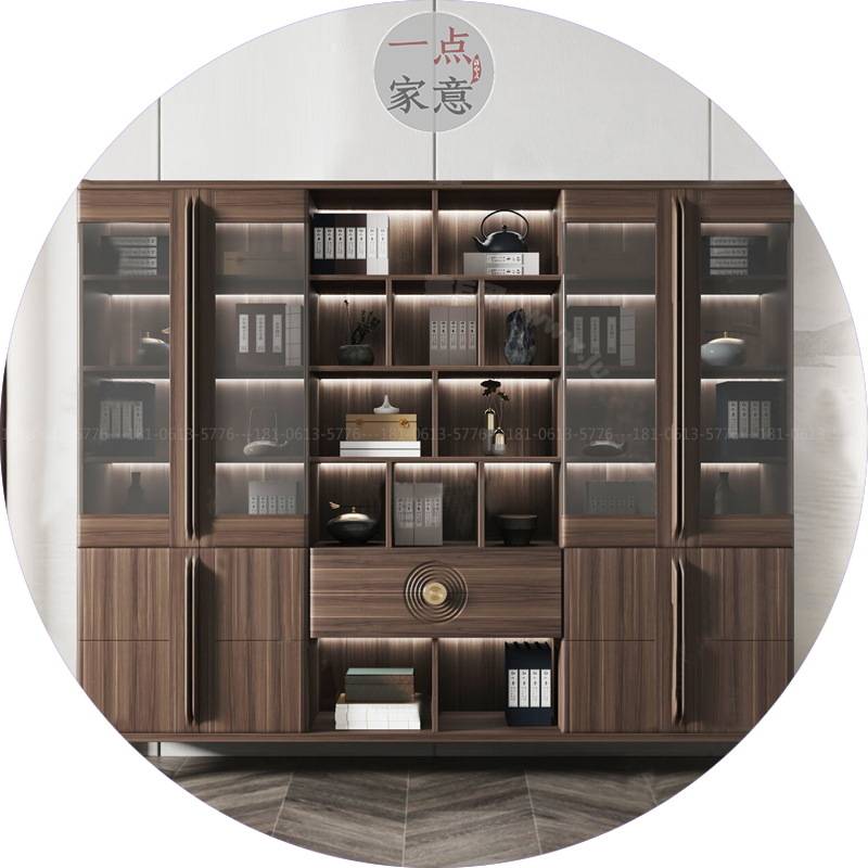现代书桌轻奢新中式书柜书架书房办公室背景组合黑胡桃木家具厂