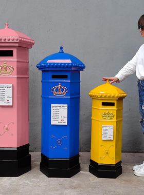 铁艺复饰古英伦风信红色邮筒HSH六角落地装道具摆件箱移动软装收