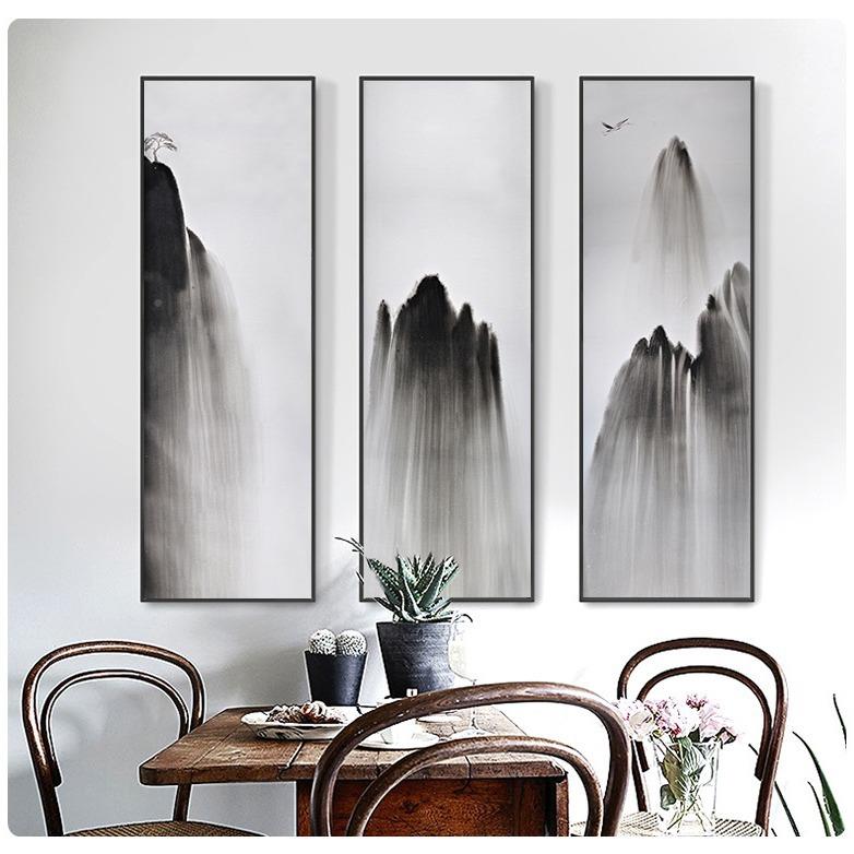 新中山式黑水风景画白画水墨挂现代简约玄关GSI装饰画竖版三联画