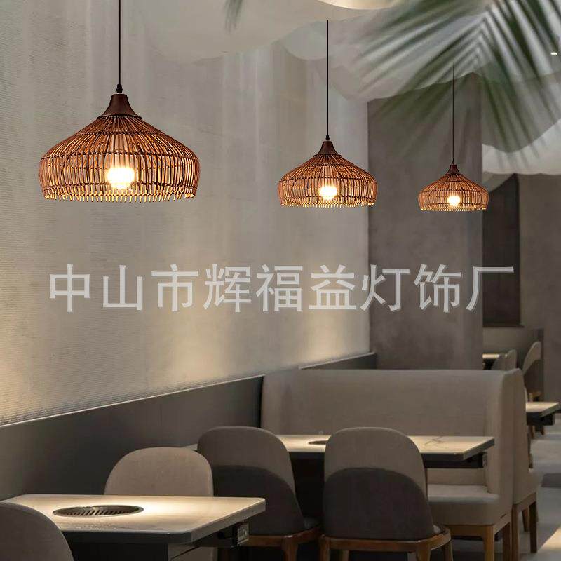 竹编灯日吊茶灯笼餐厅餐饮店铺887藤艺帽灯罩室灯新中式式竹艺灯