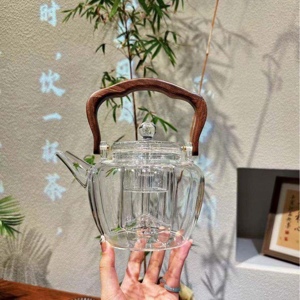 耐热玻璃茶无品牌/壶烟灰梁色蒸煮提壶星空盖南瓜造提型梁壶电子