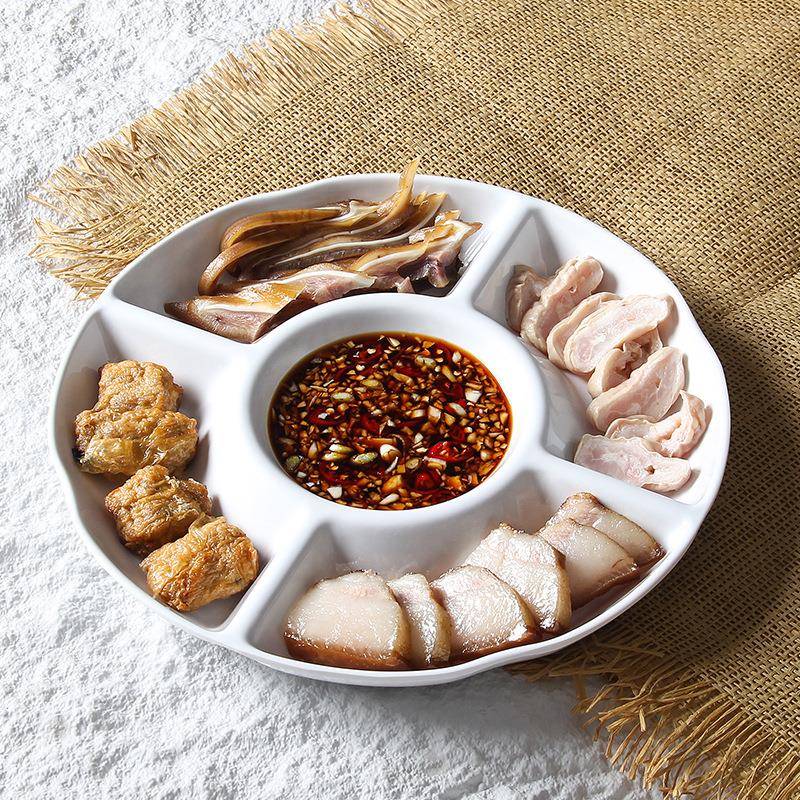 台6838商德密胺具双饺子盘子白色带醋碟蘸料分隔用虾餐盘仿瓷小吃