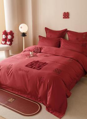 婚庆四件套红色系结婚百0S纯0棉浪漫囍F776TT9J嫁喜被套送新人婚