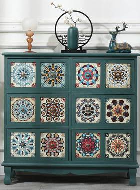 欧式实木置复古储物柜彩多绘客厅收台纳柜卧JXO室斗柜层阳物柜木