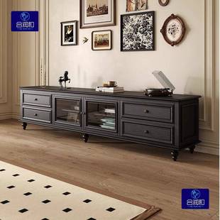 新款 复古木电实视柜柜卧室厅家用中NAN古边风感轻客奢黑色可 美式
