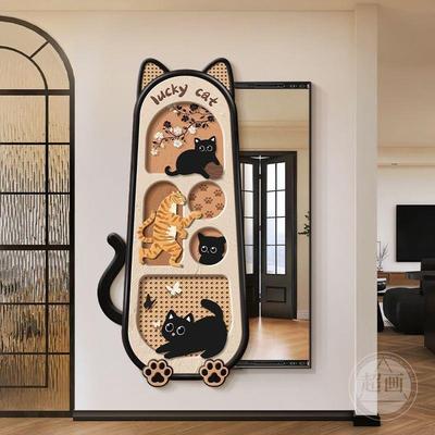 法式古玄关复装饰卡通猫画咪暗中古风穿TME衣镜隐藏式推拉全身镜