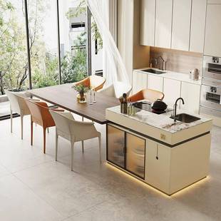 现代高MSC端岛餐台桌一体家用可伸缩板餐桌功能岩带水槽中岛台多