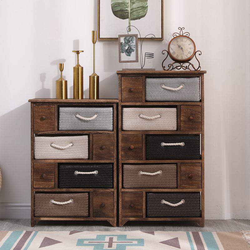 易O5M实木147-558简床头柜小型卧室抽屉斗柜边角窄柜式客Q厅藤编