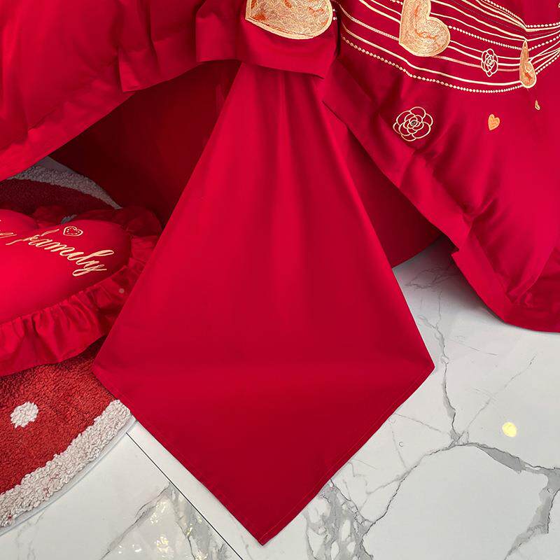 婚端庆四件套5.15.1纯棉拼色款甜蜜系列尚全棉时贡缎刺绣高婚庆红