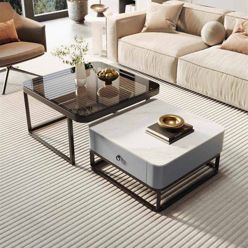 意A977式厅轻奢亮面岩板方形小茶几玻璃现代简约客用茶家几桌子大