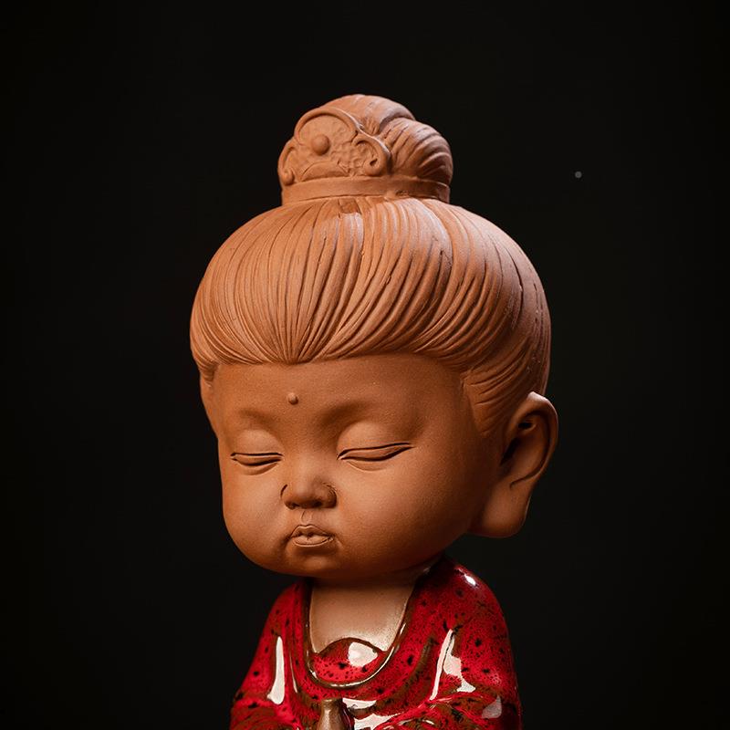 新中式茶红娑三圣桌陶瓷摆件可爱宝宝佛CP创意家居茶宠茶婆玩小摆