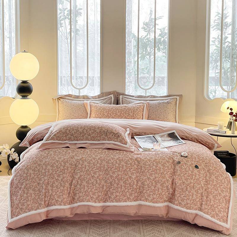 加FRG保接暖全棉磨厚四件套纯棉数码印花田毛园风拼款