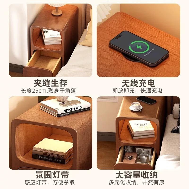实木床头充柜卧室迷你型窄边柜带小灯无线电出租屋超窄柜置985子